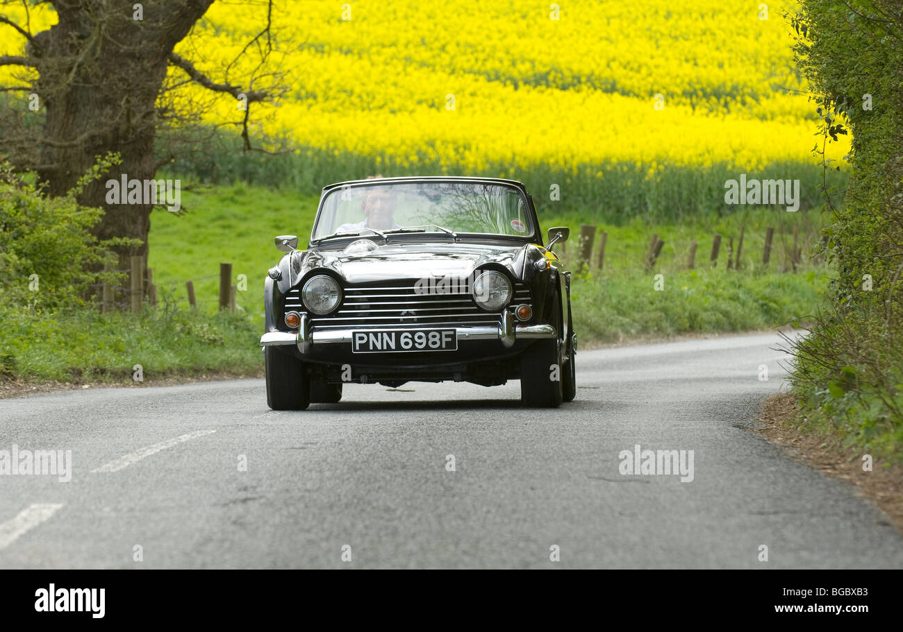 Trionfo TR5 Classic British open auto sportiva la guida verso il basso e verso l'inglese vicolo del paese Foto Stock