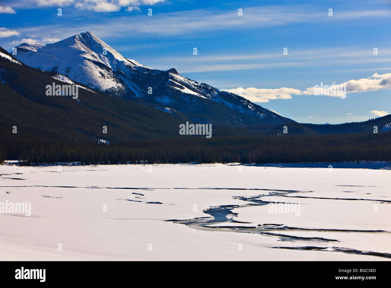 Cannels attraverso il ghiaccio e la neve sulla medicina lago, il Lago Maligne Road, Jasper National Park, Canadian Rocky Mountains, Alberta, C Foto Stock