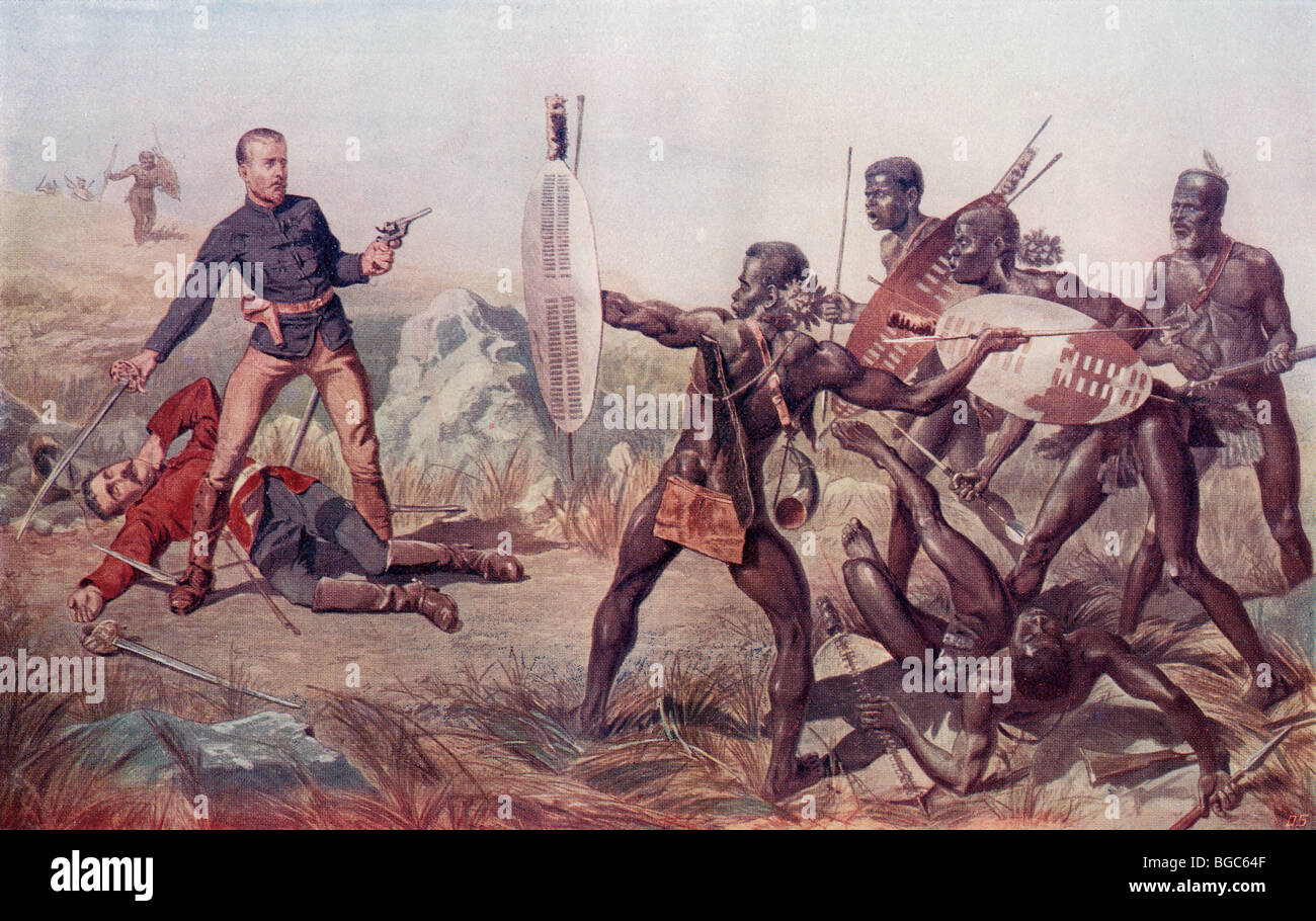 Tenenti Melvill e Coghill, xxiv reggimento, morendo per salvare la regina dei colori nella battaglia di Isandlwana Foto Stock