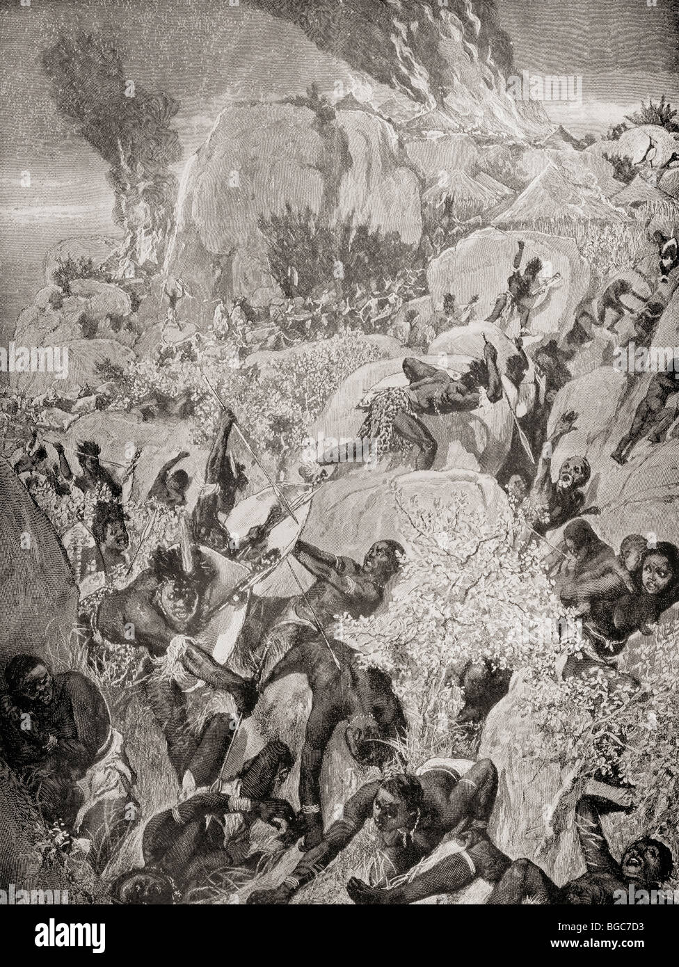 Un Matabele raid nel Mashonaland durante la Prima Guerra Matabele nel 1893. Foto Stock