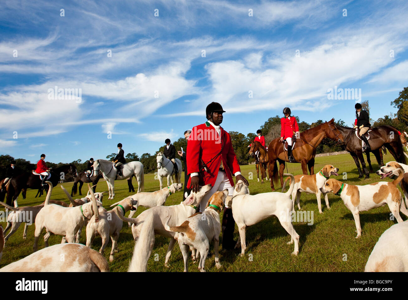 Jamie Greene, master di i segugi durante un foxhunt a Middleton Place plantation Charleston, Sc, STATI UNITI D'AMERICA Foto Stock