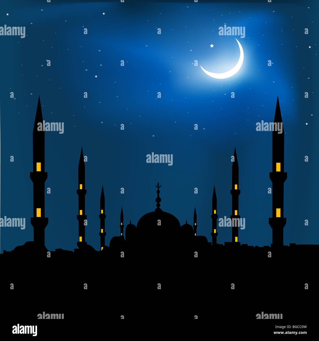 Silhouette di una moschea con luna crescente Foto Stock