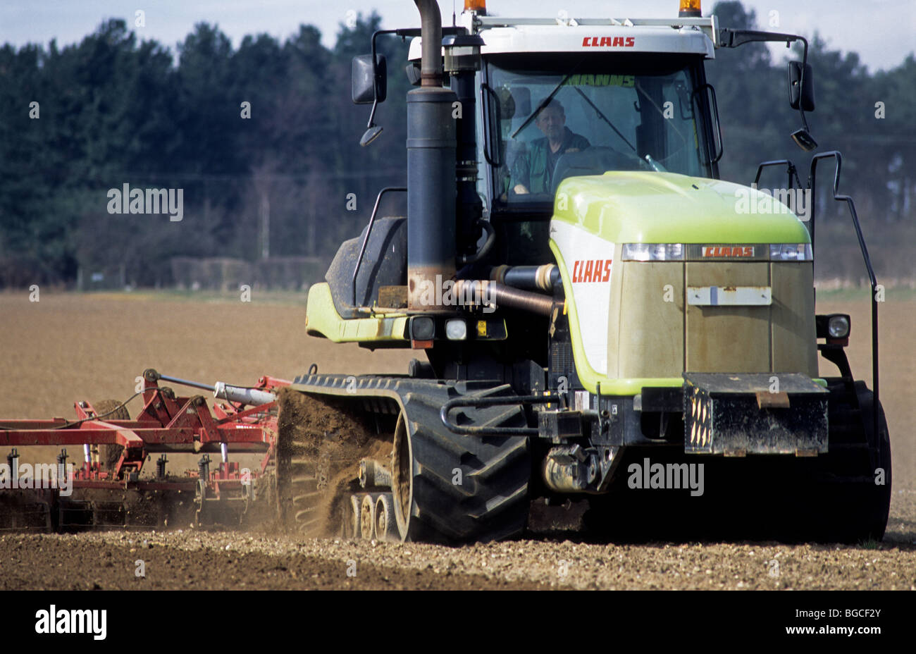 Classe Challenger 75E CATERPILLAR TRACTOR con erpice, Butley, Suffolk, Regno Unito. Foto Stock