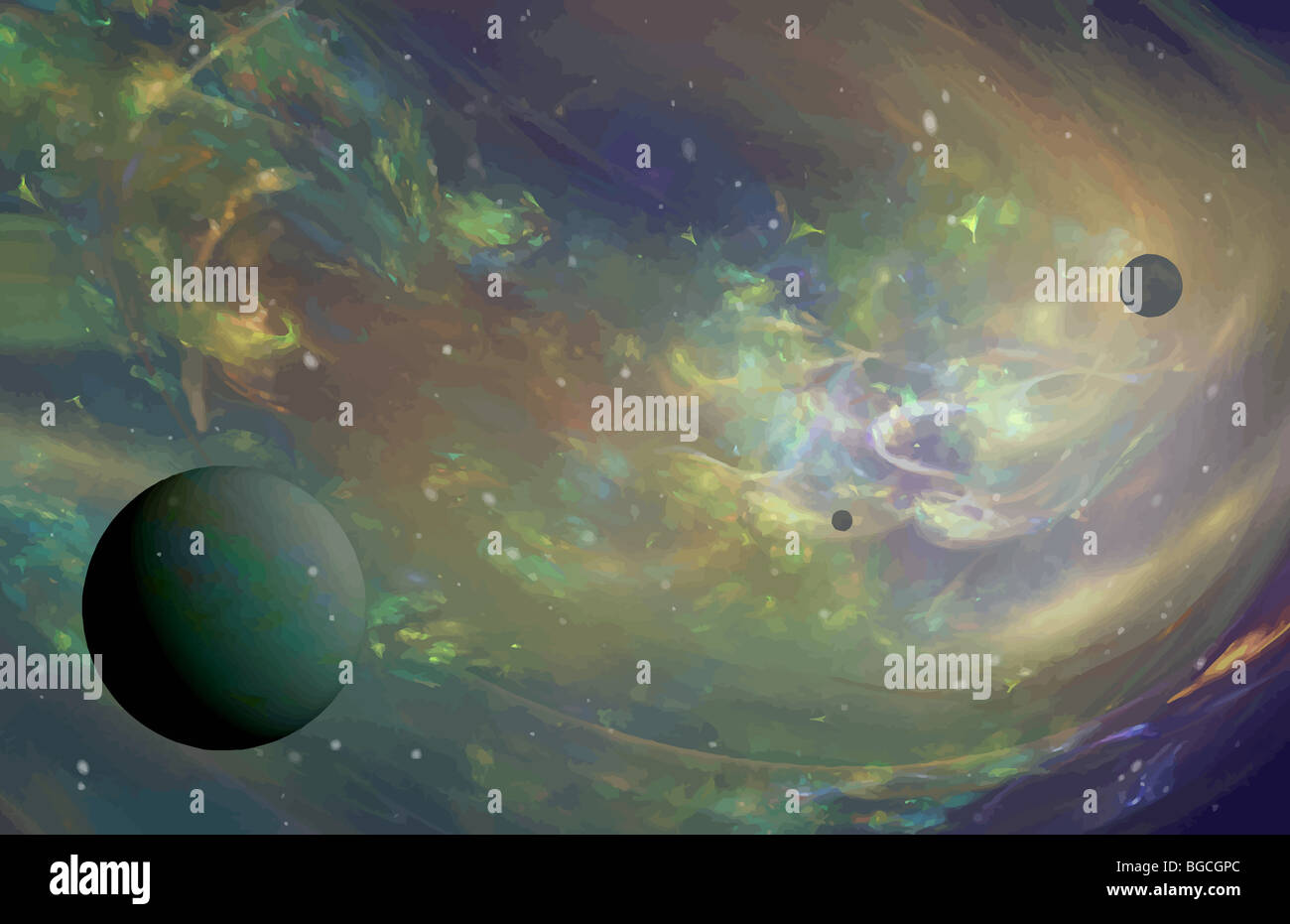 Illustrazione Vettoriale di Deep space nebula e dei pianeti Foto Stock