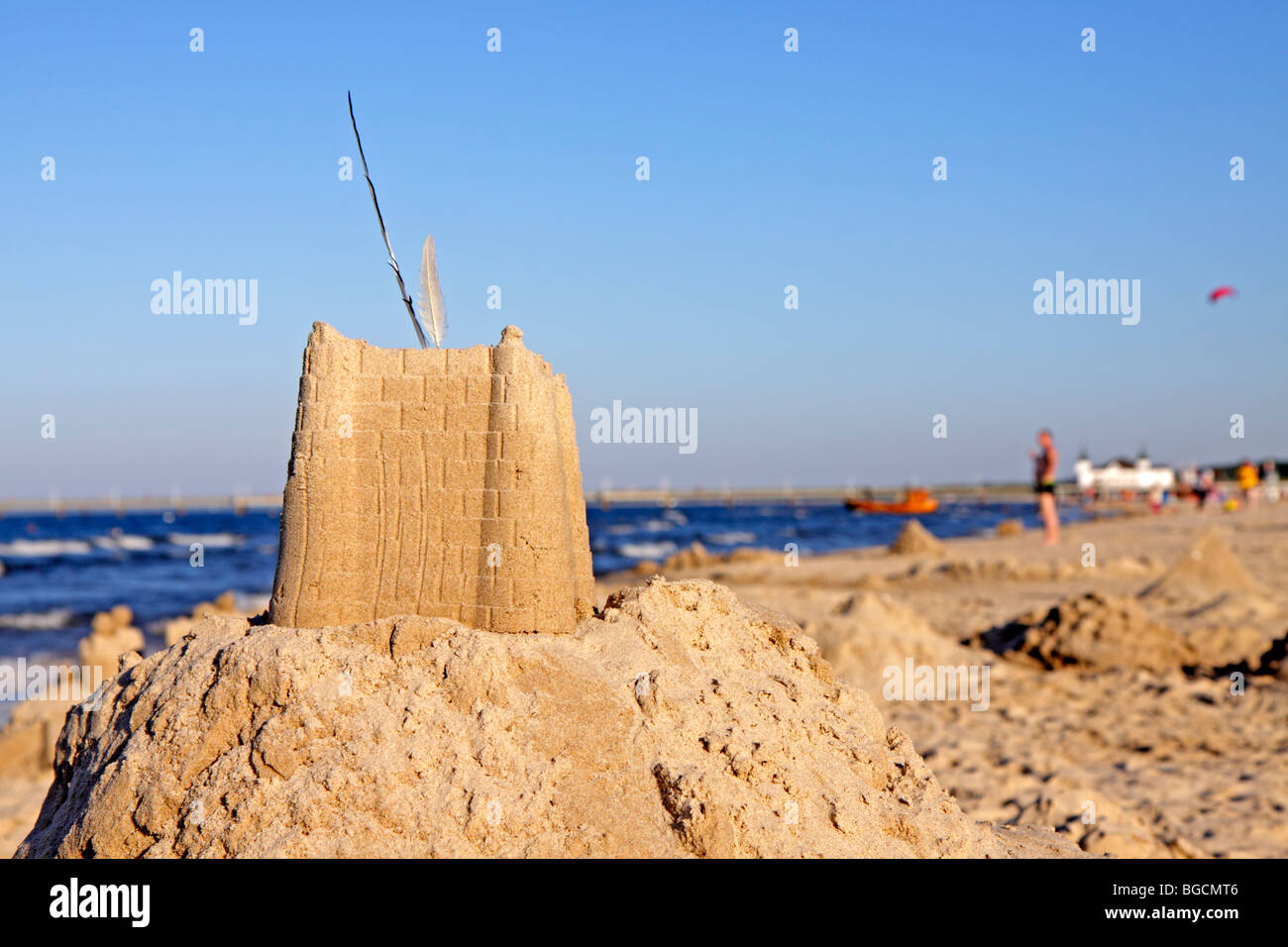 Castello di sabbia, Spiaggia di Ahlbeck, isola di Usedom, Meclemburgo-Pomerania Occidentale, Germania Foto Stock