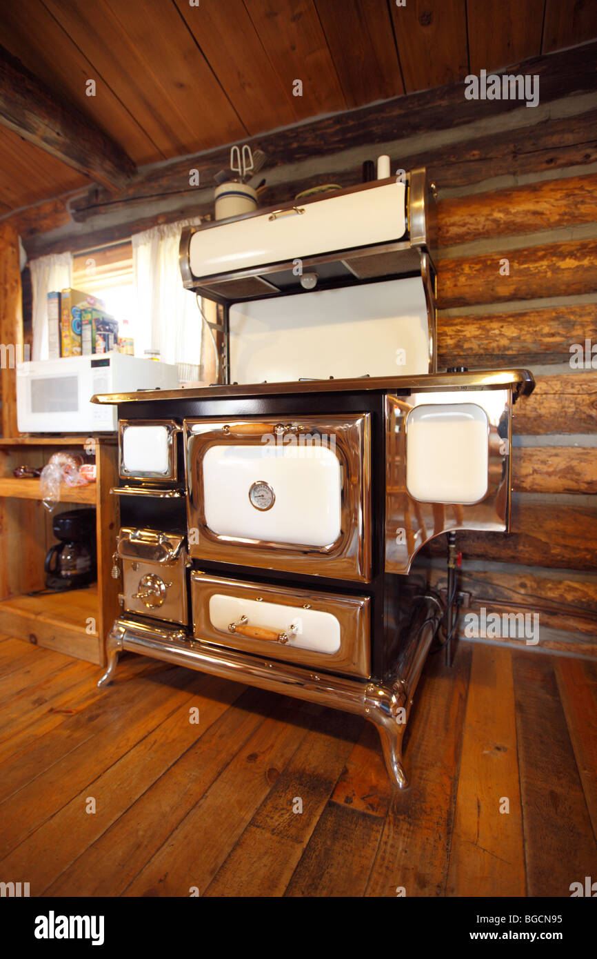 Antica stufa in cucina di un rustico log cabin Foto Stock