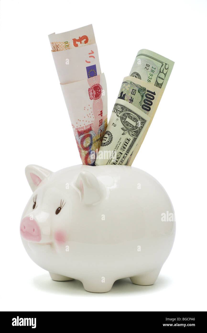 Inserito con grandi mondo moneta note su sfondo bianco Foto Stock