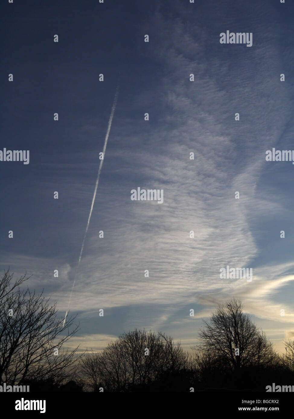 Uccelli, contrails & cirrus cloud su Swindon street Foto Stock