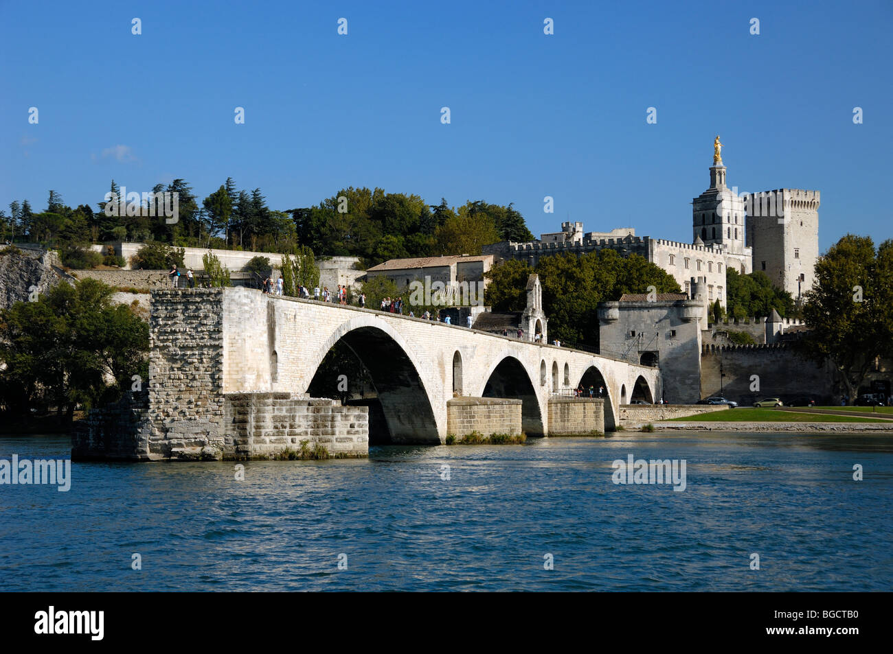 Le Pont d'Avignon o Ponte Saint Bénézet sul fiume Rodano con il Palais des Papes o Palazzo dei Papi dietro, Avignone, Provenza, Francia Foto Stock