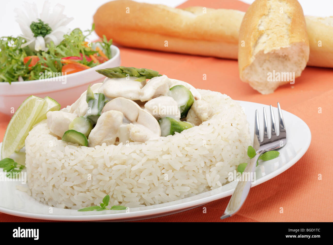 Fricassea di pollo con funghi e asparagi verdi circondate da un confine di riso, insalata mista Foto Stock