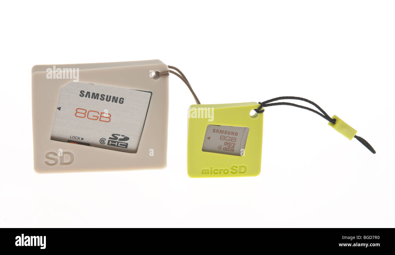 Samsung di qualità premium memoria flash con custodia protettiva per il trasporto - SecureDigital SDHC e MicroSD schede da 8 GB Foto Stock