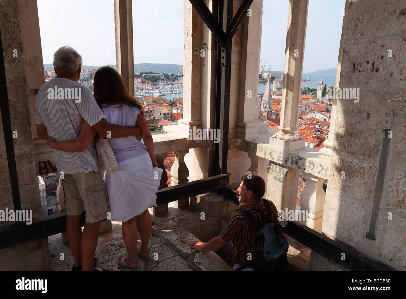 Vista dal campanile della cattedrale, Trogir, Dalmazia, Croazia, Europa Foto Stock