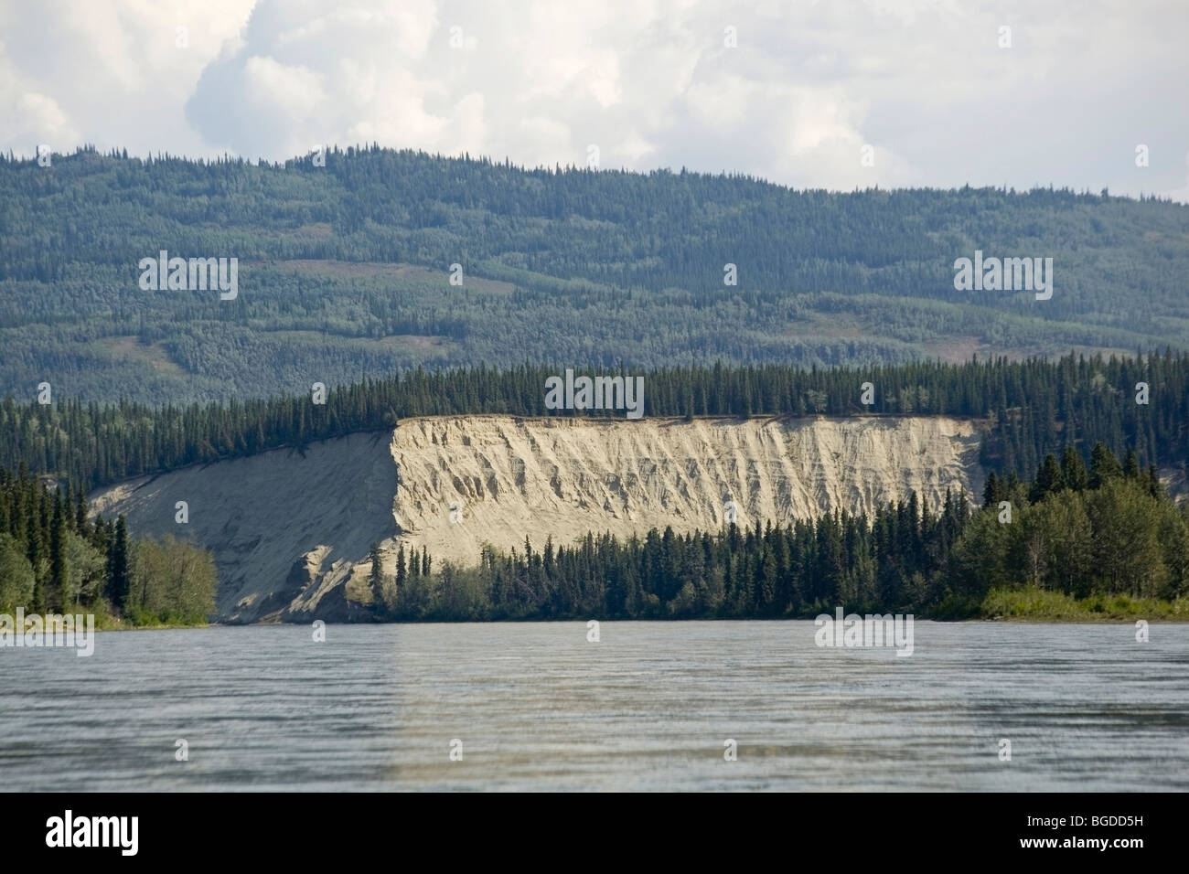 Acqua formato paesaggio, alta cut bank, erosione, Yukon Territory, Canada Foto Stock