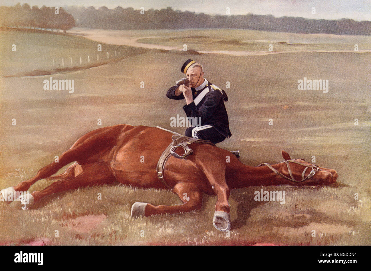 Uno scout dal Carabiniers, 6 Dragoon Guards, reggimento di cavalleria dell'Esercito britannico sparare da dietro il suo cavallo. Foto Stock