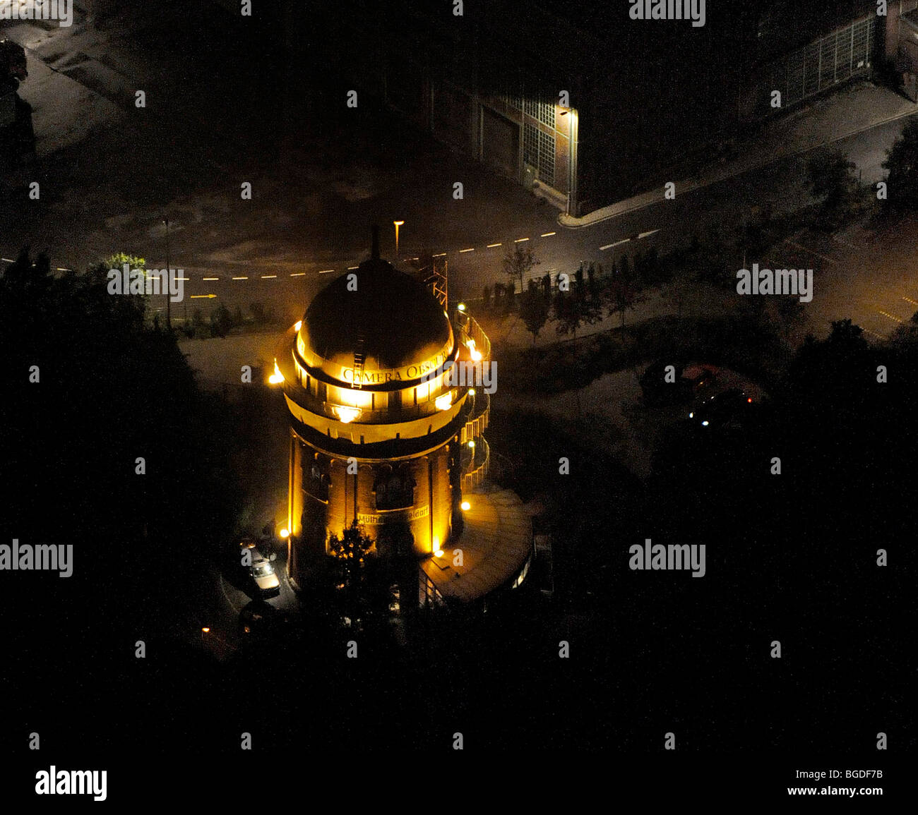 Foto aerea, Aquarius museo dell acqua, Styrum, Muelheim an der Ruhr, Ruhrgebiet area, Extraschicht 2009 festival culturali, notte Foto Stock