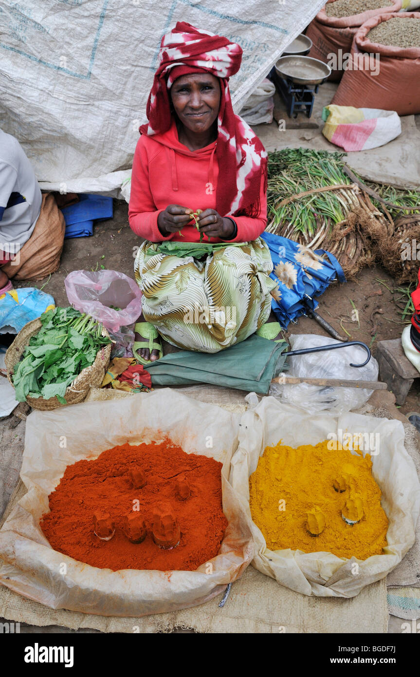Donna etiope al mercato di Arsiè Negelle Piripiri di vendita, Oromia, Etiopia, Africa Foto Stock