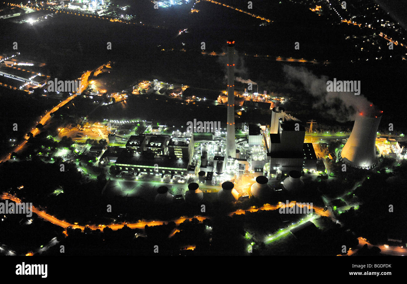 Foto aerea, night shot, centrali a carbone vegetale, STEAG Kraftwerk Power Plant, Baukau, Herne, Extraschicht 2009 festival culturali, ni Foto Stock