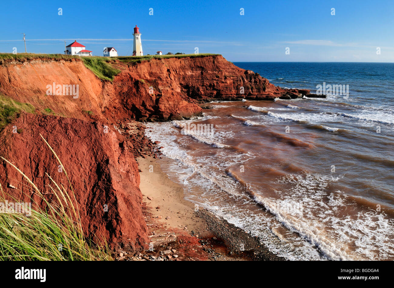 Faro di Bassin a Cap du Sud, Ile du Havre Aubert, Iles de la Madeleine, le isole della Maddalena, Québec Maritime Canada, Nord Foto Stock