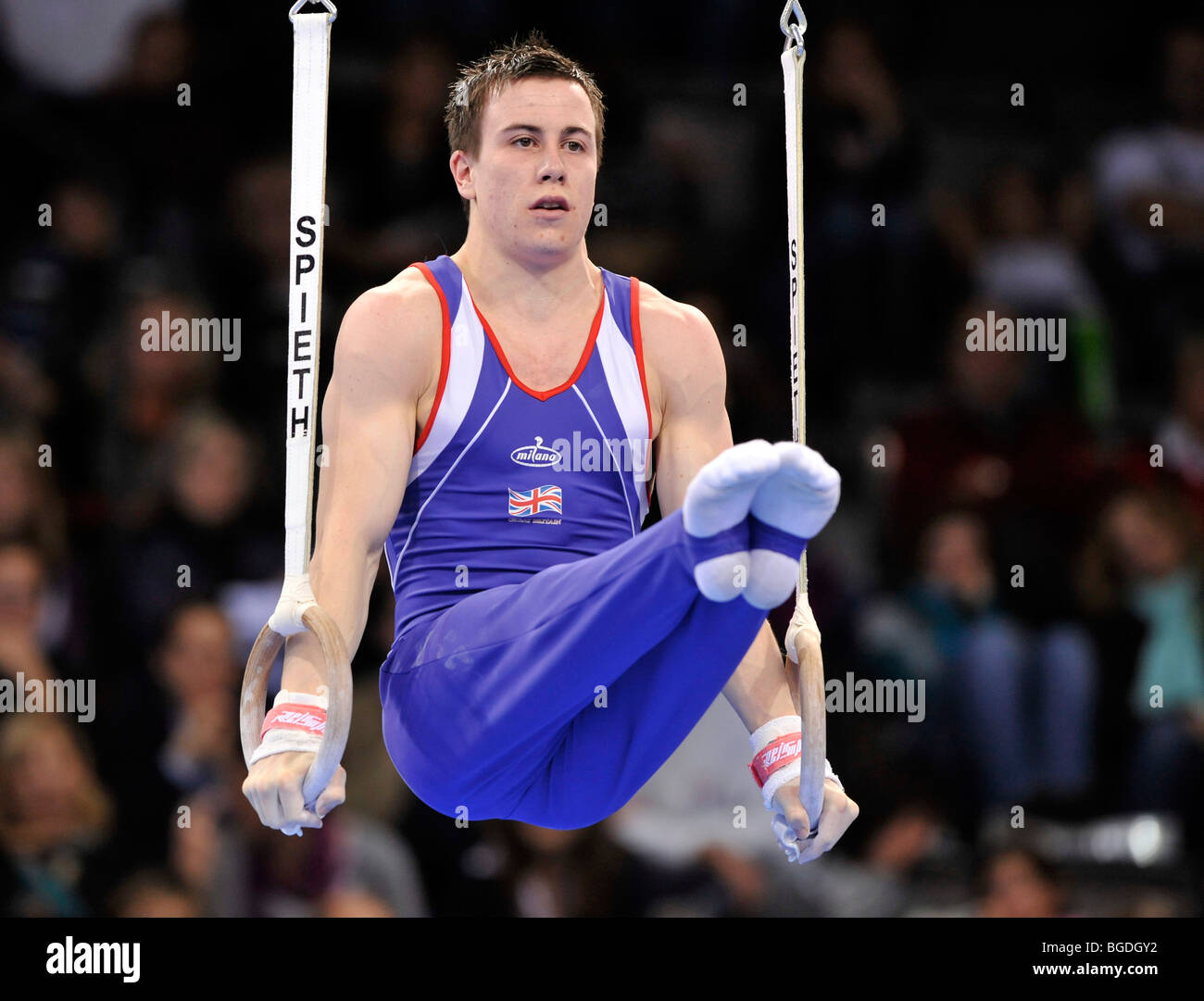 Luca Folwell, Gran Bretagna, sugli anelli, EnBW Gymnastics World Cup 2009, Porsche-Arena, Stoccarda, Baden-Wuerttemberg, Tedesco Foto Stock