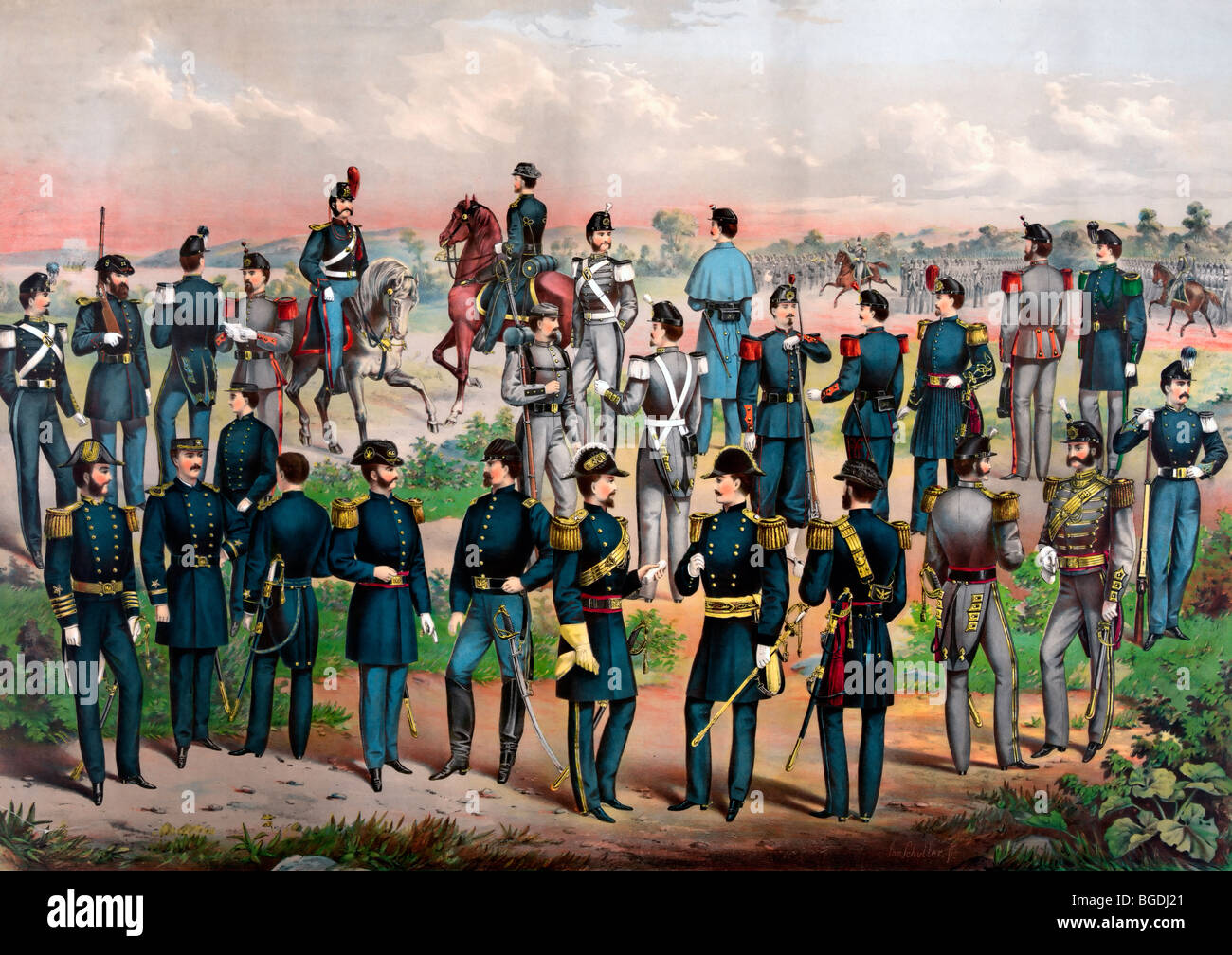 Uniformi dell'esercito, della marina e N.Y. Membro guardie nazionali, circa 1870 Foto Stock