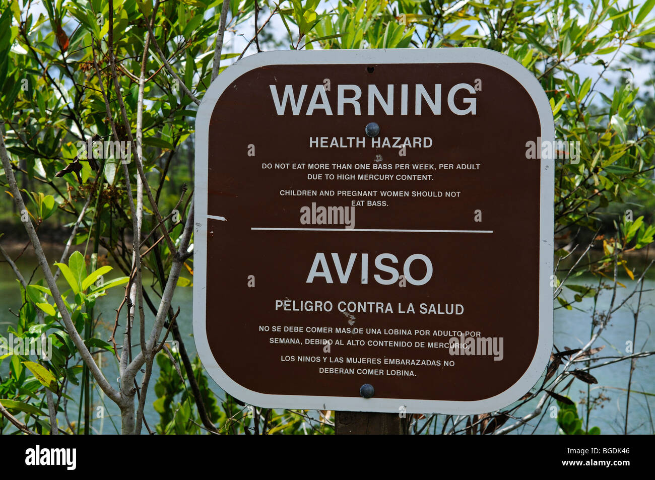 Mercurio segno di avvertimento, Everglades National Park, Miami, Florida, Stati Uniti d'America Foto Stock