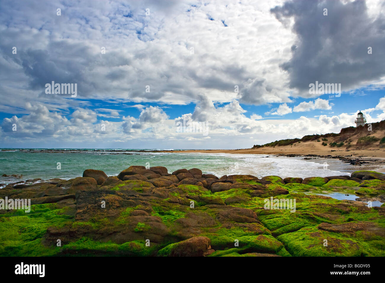 Waipapa Point Lighthouse lungo la Costiera Catlins Heritage Trail, Catlins, sud della strada panoramica, Southland, Isola del Sud, Nuova Foto Stock