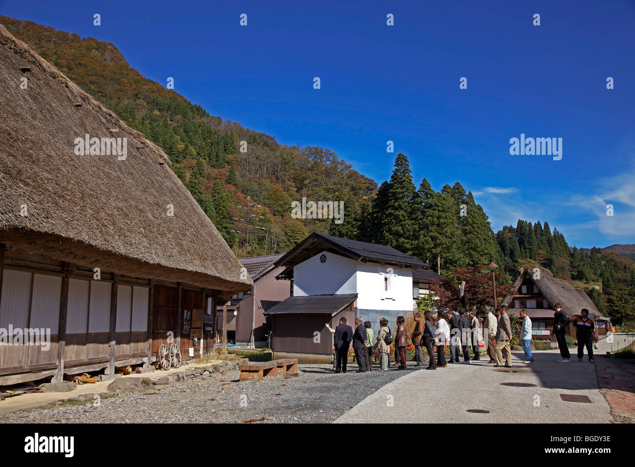 Fattorie con il tetto di paglia del villaggio Ainokura, Toyama-ken, Giappone Foto Stock