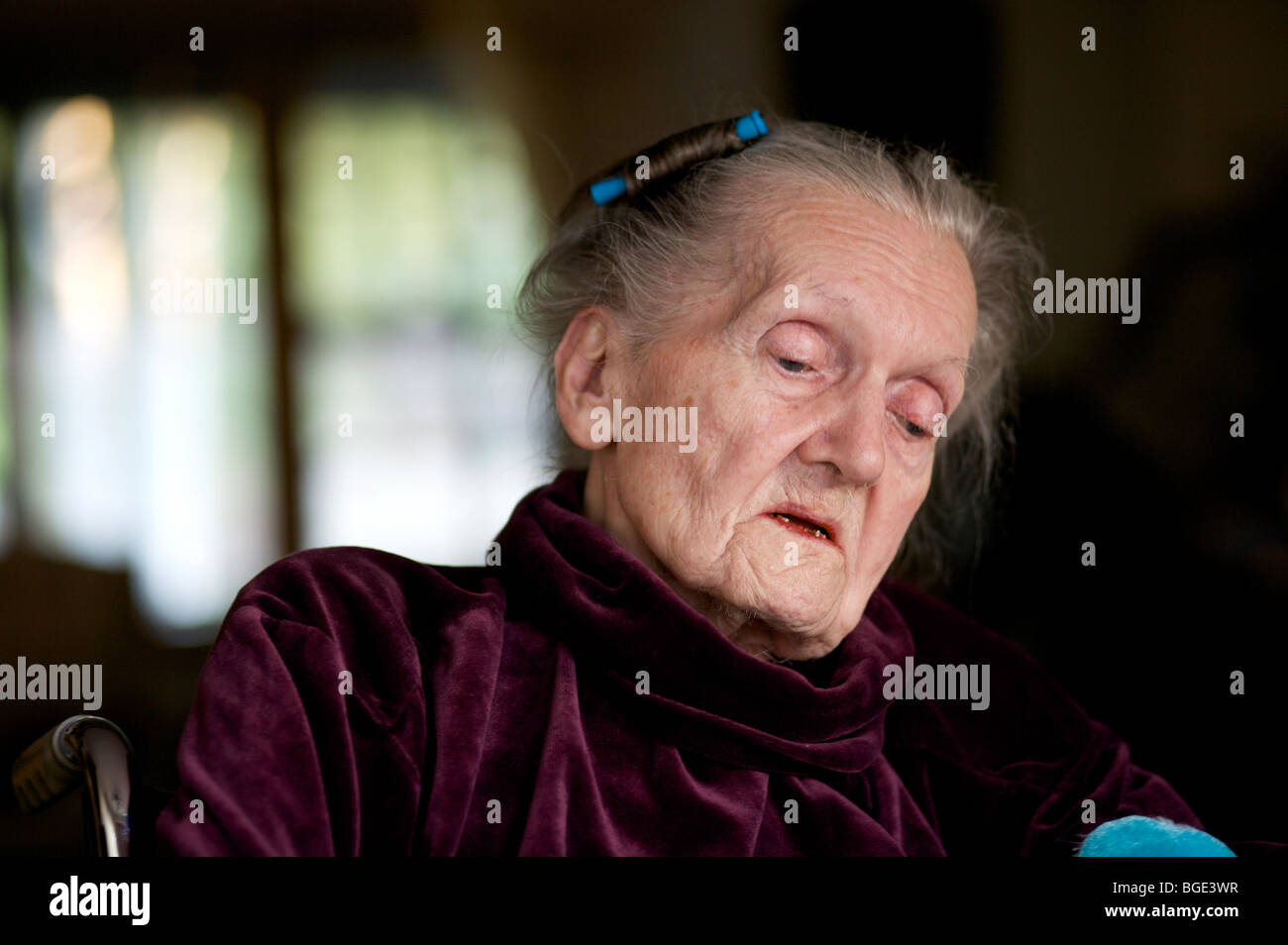Le donne anziane che vive con il nipote di aiutare con le necessità quotidiane. Foto Stock