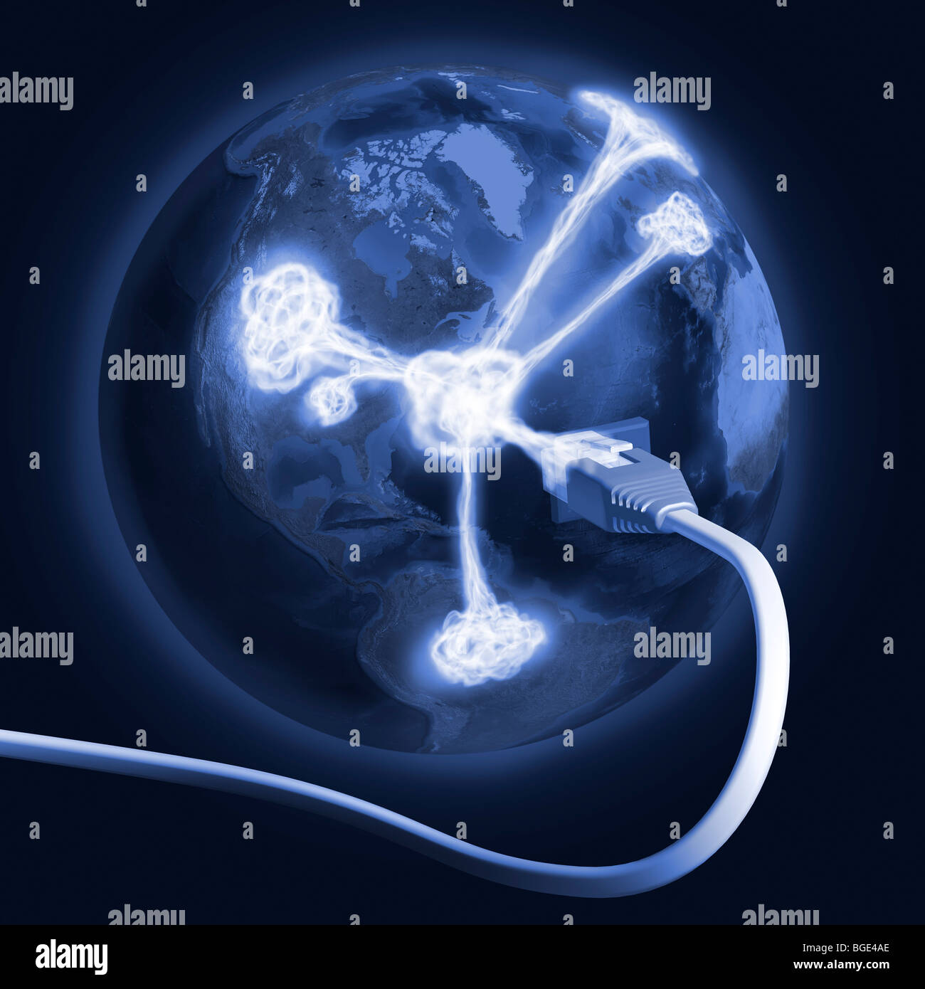 Cavo di rete collegato al globo terrestre. Conceptual 3D'illustrazione. Foto Stock