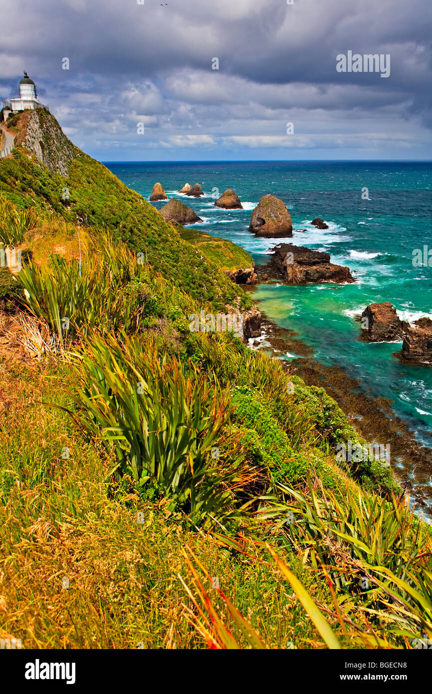Nugget Point Lighthouse e formazioni rocciose al Nugget Point/Tokata riserva scientifica, Catlins Coastal Heritage Trail, Sout Foto Stock