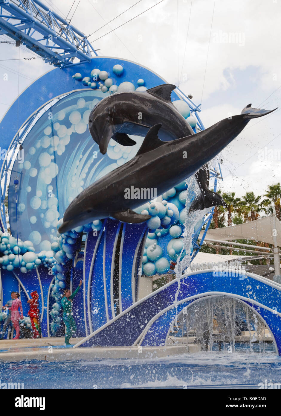 I delfini capriola in aria a Seaworld Orlando, Florida Foto Stock
