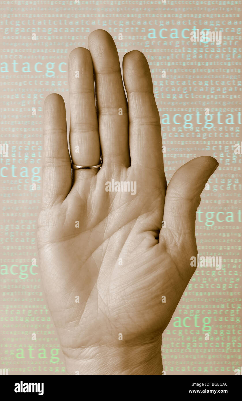 Donna di mano circondato da pattern di DNA lettere a, t, c, g. La mano è tinto di nero di seppia. Lettere di sfondo sono di colore blu verde Foto Stock