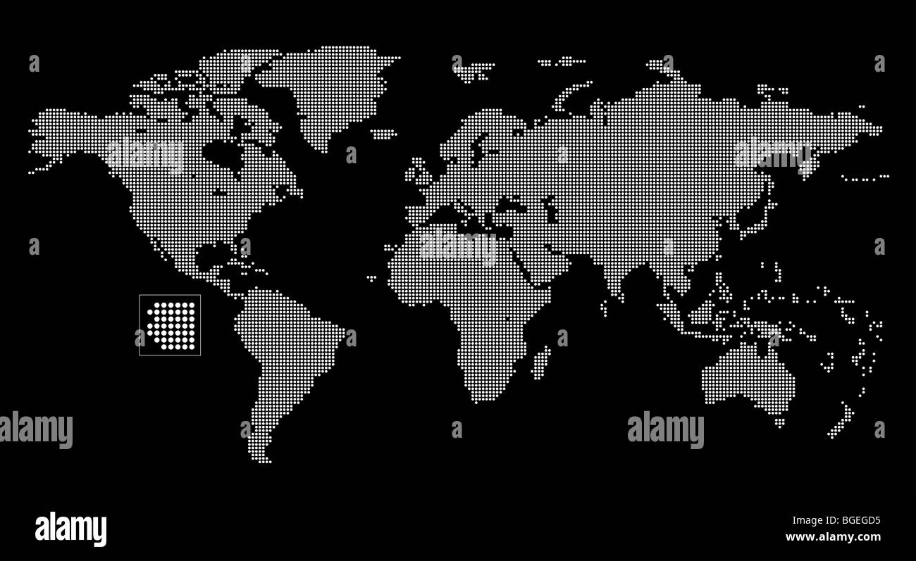 Mappa del mondo creato con un modello di punti di colore bianco su uno sfondo nero. Foto Stock
