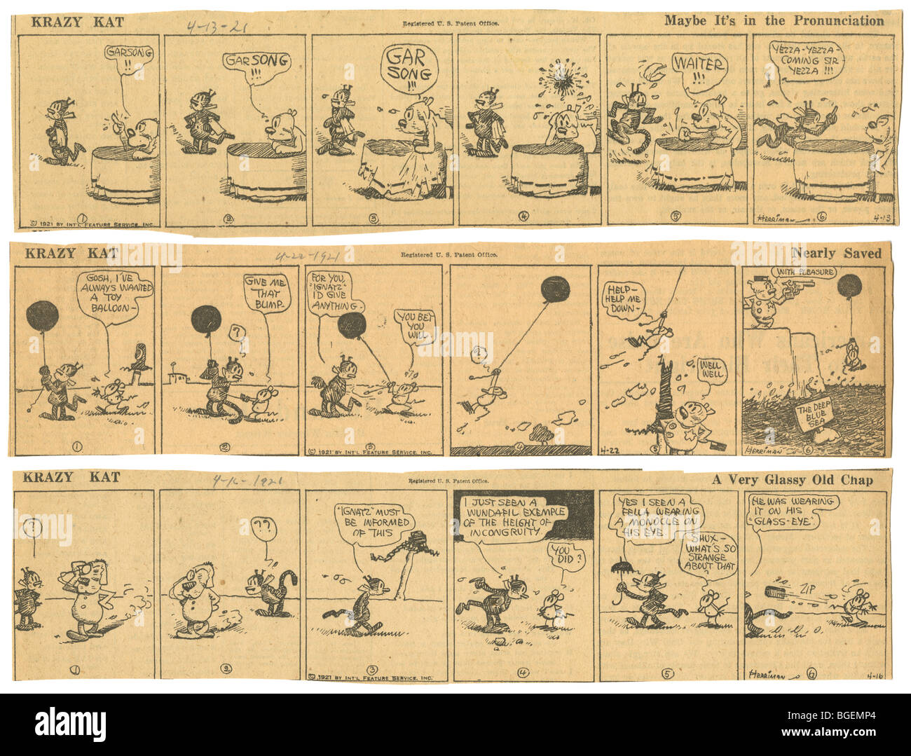 Tre originali Aprile 1921 Krazy Kat daily fumetti da George Herriman. Foto Stock