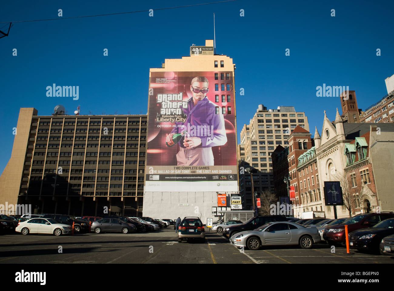 Un cartellone per Grand Theft Auto; episodi di Liberty City video game in New York quartiere di Chelsea Foto Stock