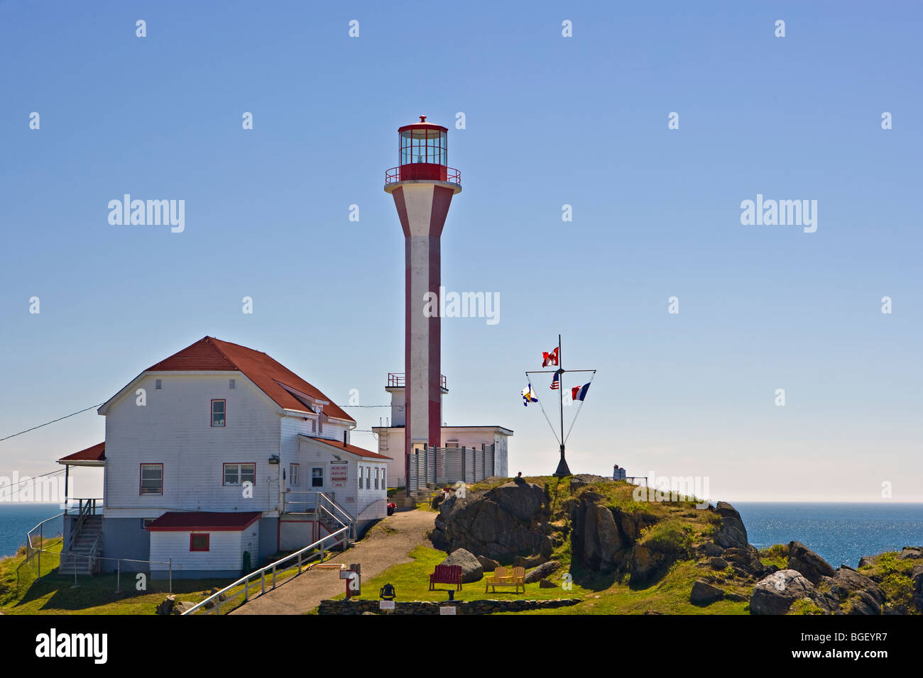Cape Forchu faro, torre attuale fu costruita nel 1962 e torre precedente è stato per la prima volta accesa su gennaio 15, 1840 Yarmouth Harbour, Foto Stock