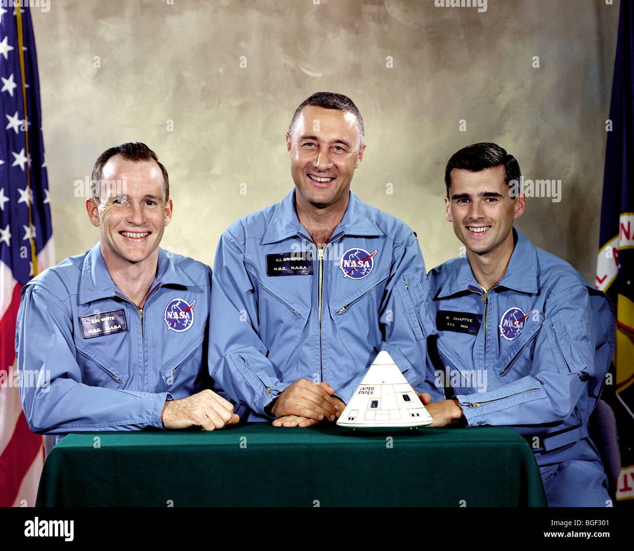 Apollo 1 il primo equipaggio, Edward H. White II, Virgilio I. "Gus' Grissom e Roger B. Chaffee. Foto Stock