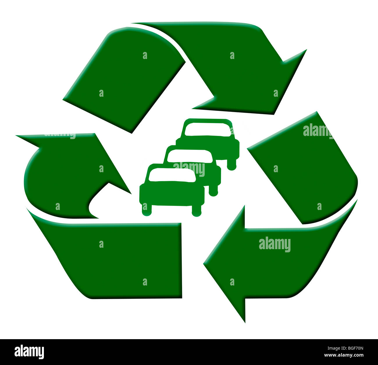 Verde simbolo di riciclo intorno al green cars. Potrebbe essere utilizzata per il verde, energia pulita, auto schema di rottamazione... Foto Stock