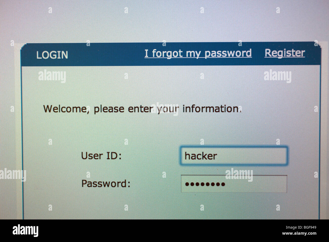 Sullo schermo del computer che mostra la pagina di accesso con id utente di hacker Foto Stock
