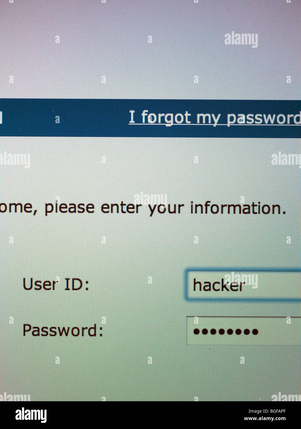 Sullo schermo del computer che mostra la pagina di accesso con id utente di hacker Foto Stock