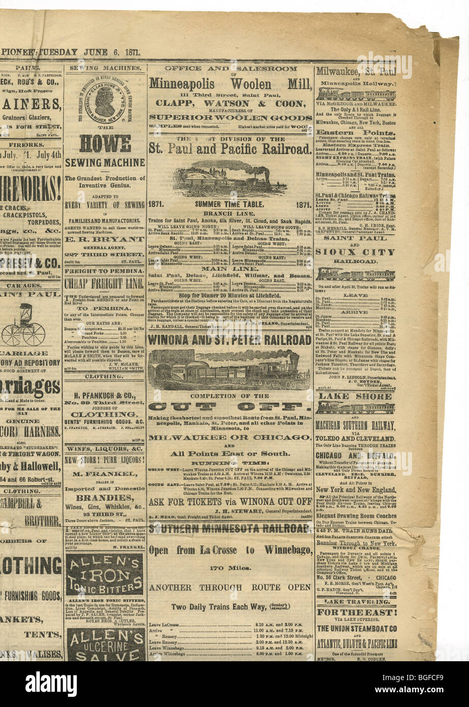 La sezione di annunci da san Paolo (Minnesota) giornalmente Pioneer, Giugno 6, 1871. Foto Stock