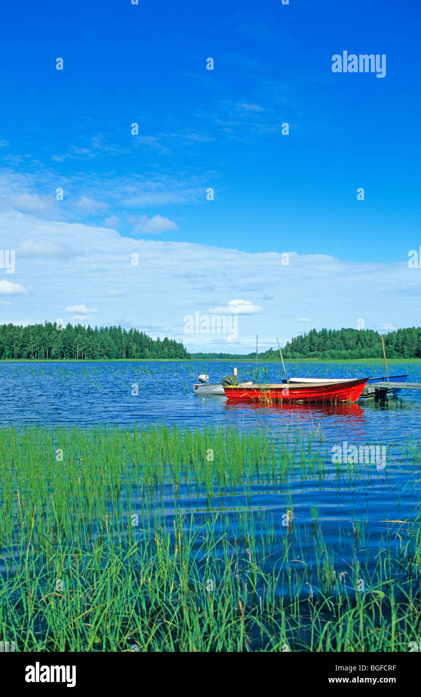 Barche a remi, sul lago Siljan vicino Utanmyra, Svezia centrale Foto Stock