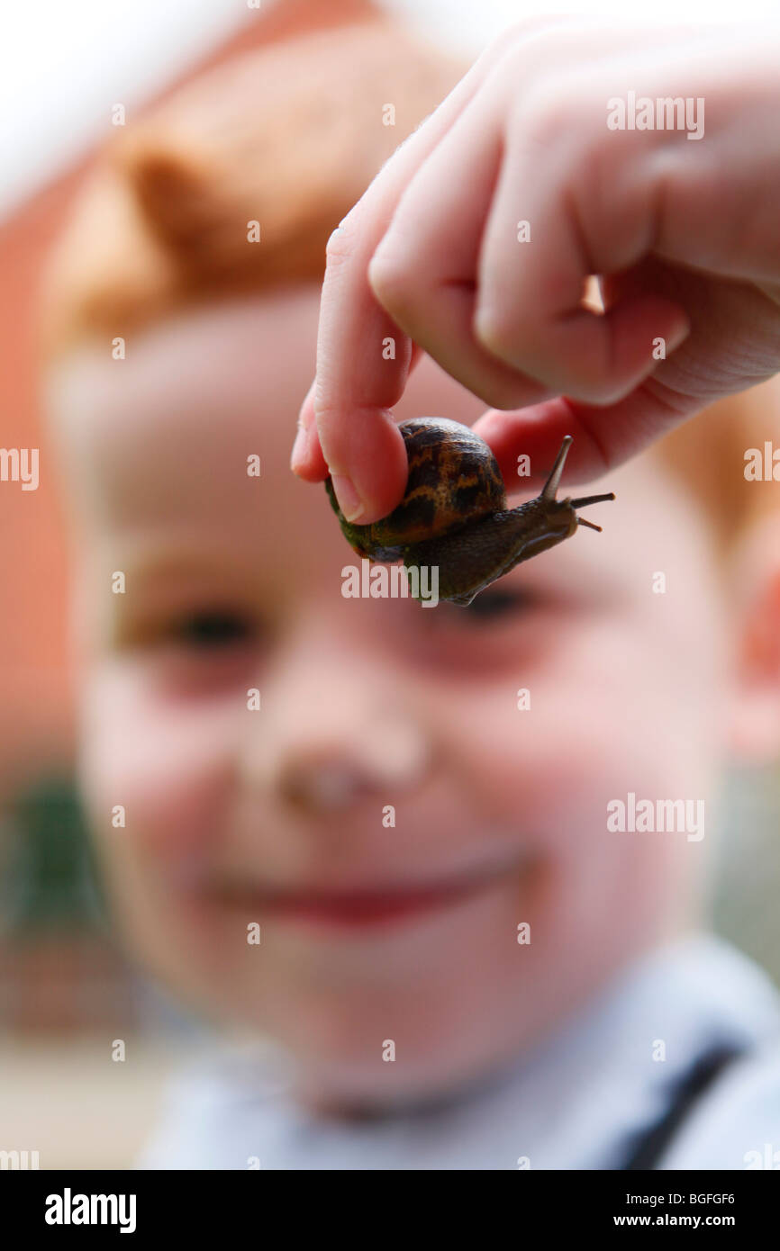 Un bambino di cinque anni, ragazzo giocando con una lumaca nel suo giardino Foto Stock