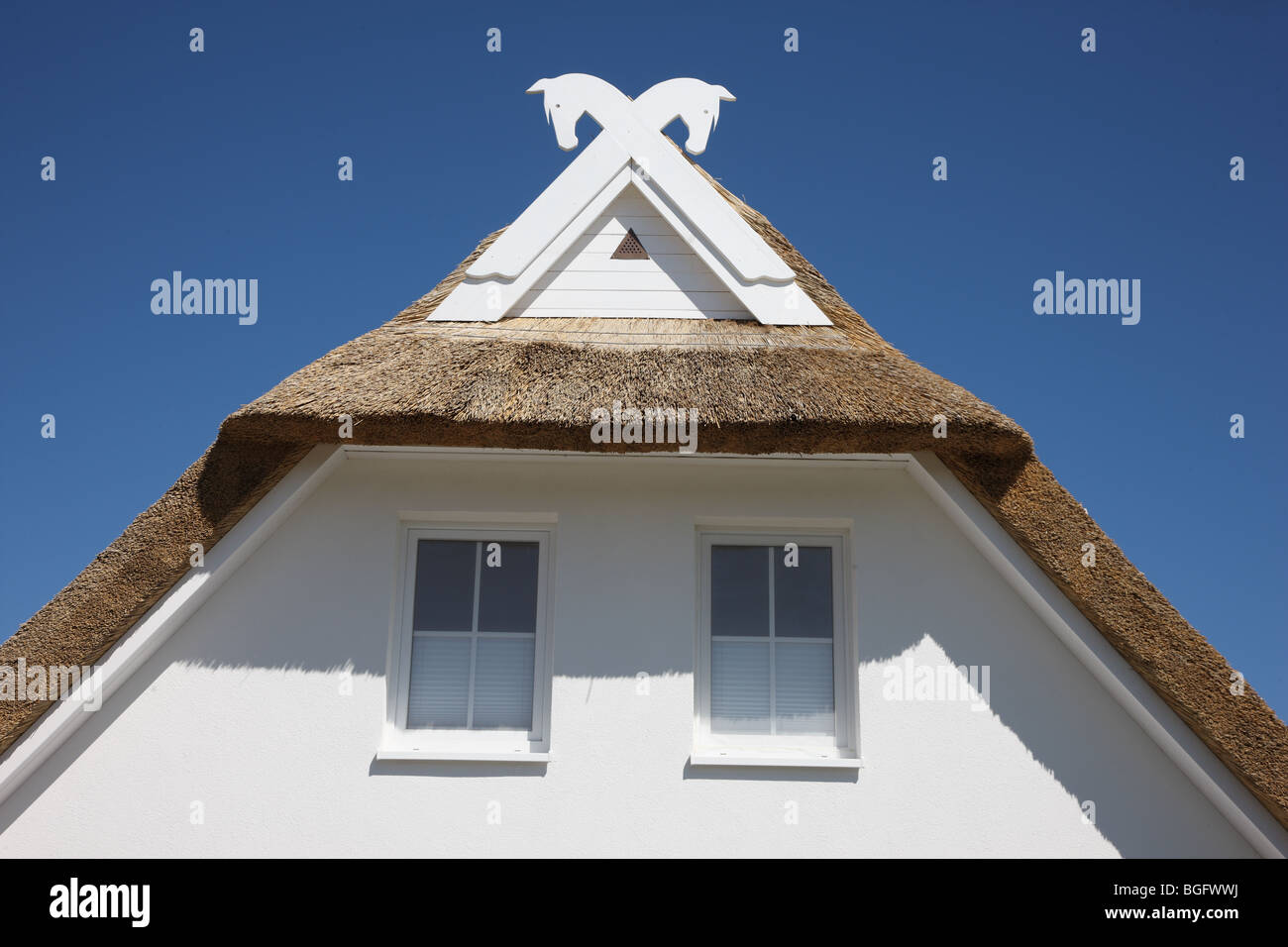 Timpano di una casa per le vacanze nel lato nord-est di Rügen, Meclenburgo-Pomerania Occidentale, Germania, Europa. Foto Stock