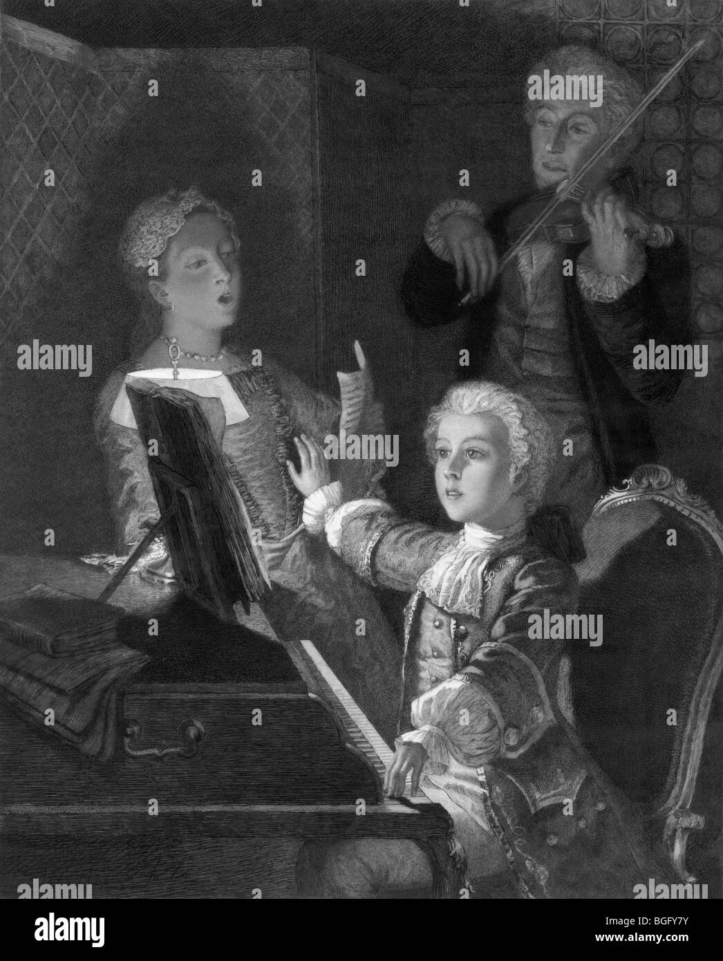 Ritratto c1897 di un giovane Wolfgang Amadeus Mozart ripassando la sua XII mass. Mozart (1756 - 1791) era un bambino prodigio. Foto Stock
