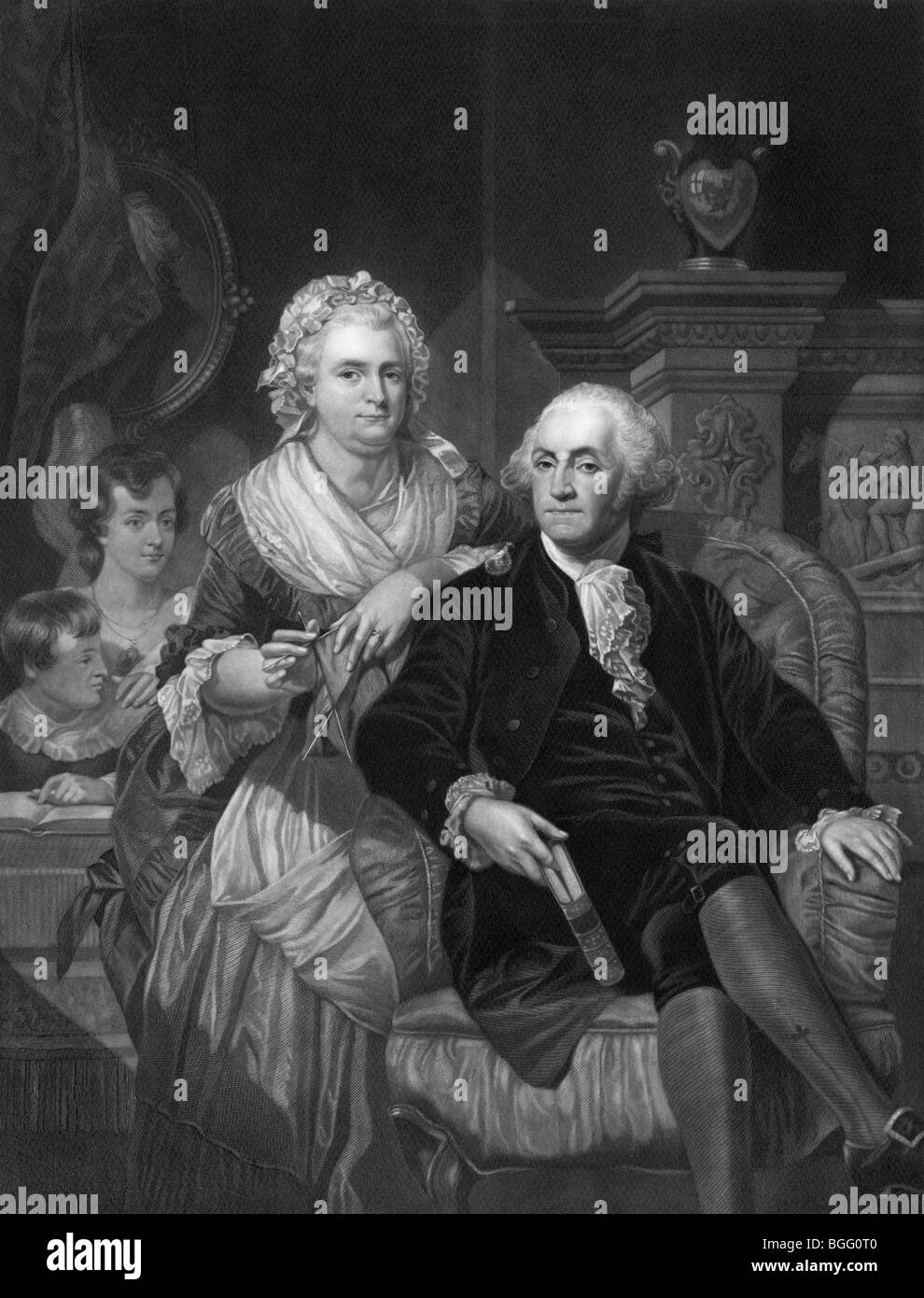Stampa verticale c1867 mostra George Washington (1732 - 1799) a casa con la moglie Martha e la sua stepchildren. Foto Stock