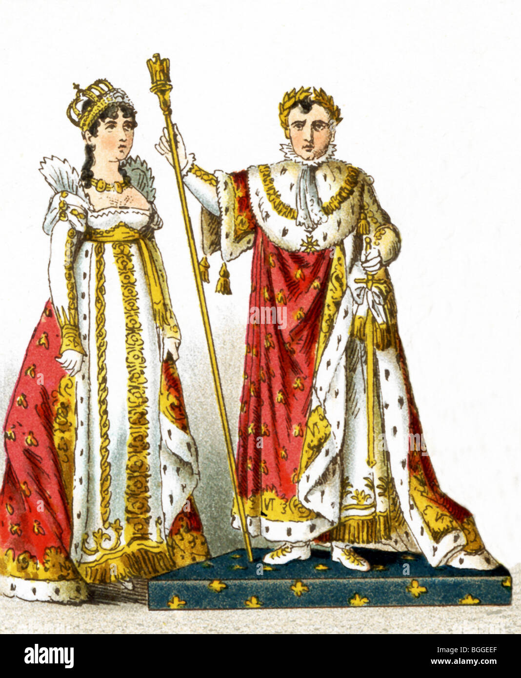 Qui rappresentati sono il francese imperatrice Giuseppina e Napoleone I nel suo Coronation vesti nel 1804. L'illustrazione risale al 1882. Foto Stock