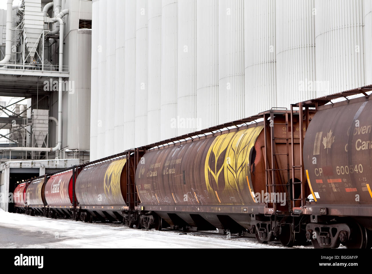 Canadian Pacific (CP) vagoni ferroviari sono raffigurate nella parte anteriore del Bunge silos per il grano nella città di Québec Foto Stock