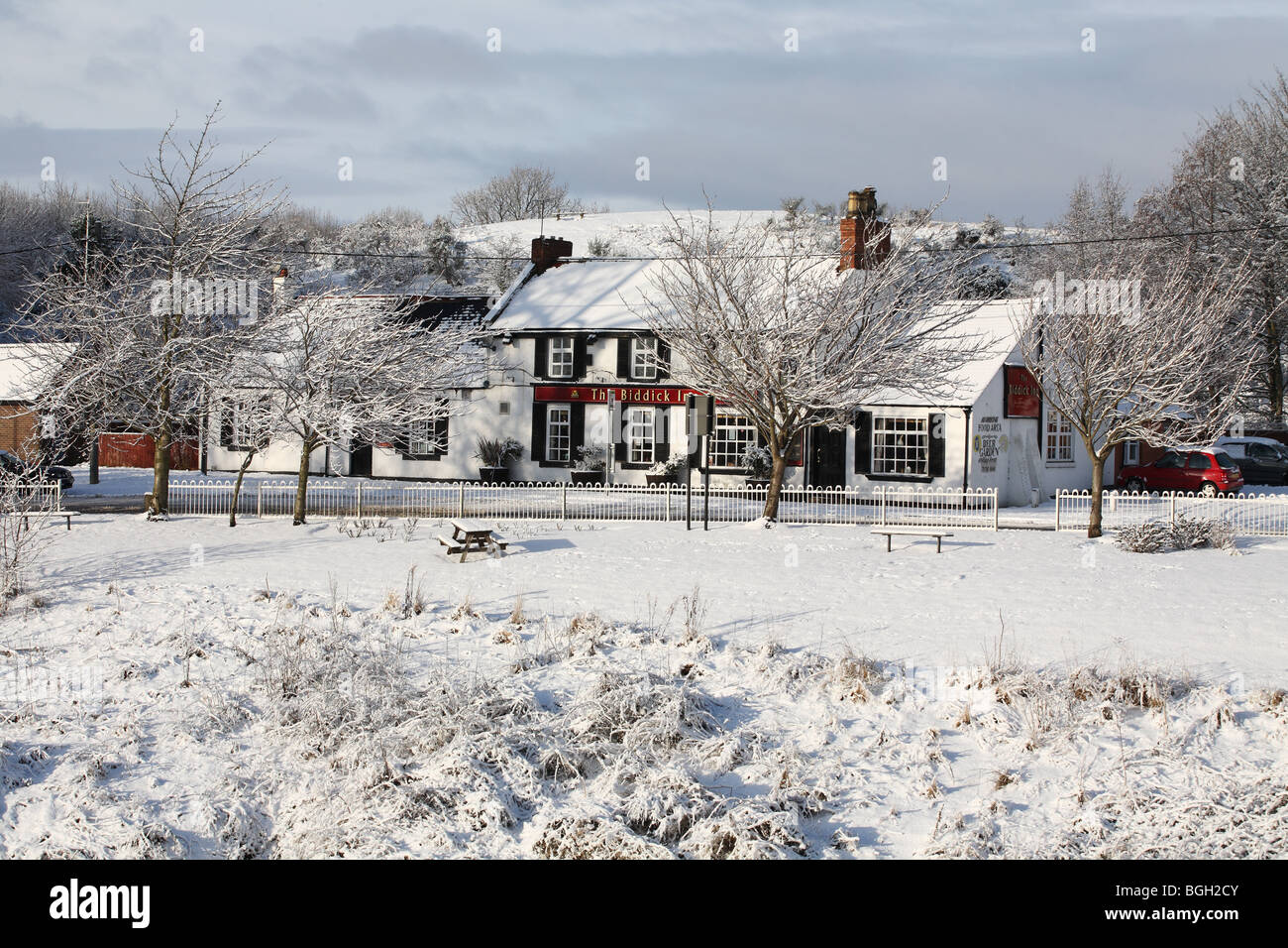 Vista invernale del Biddick Inn at Fatfield, North East England, Regno Unito Foto Stock
