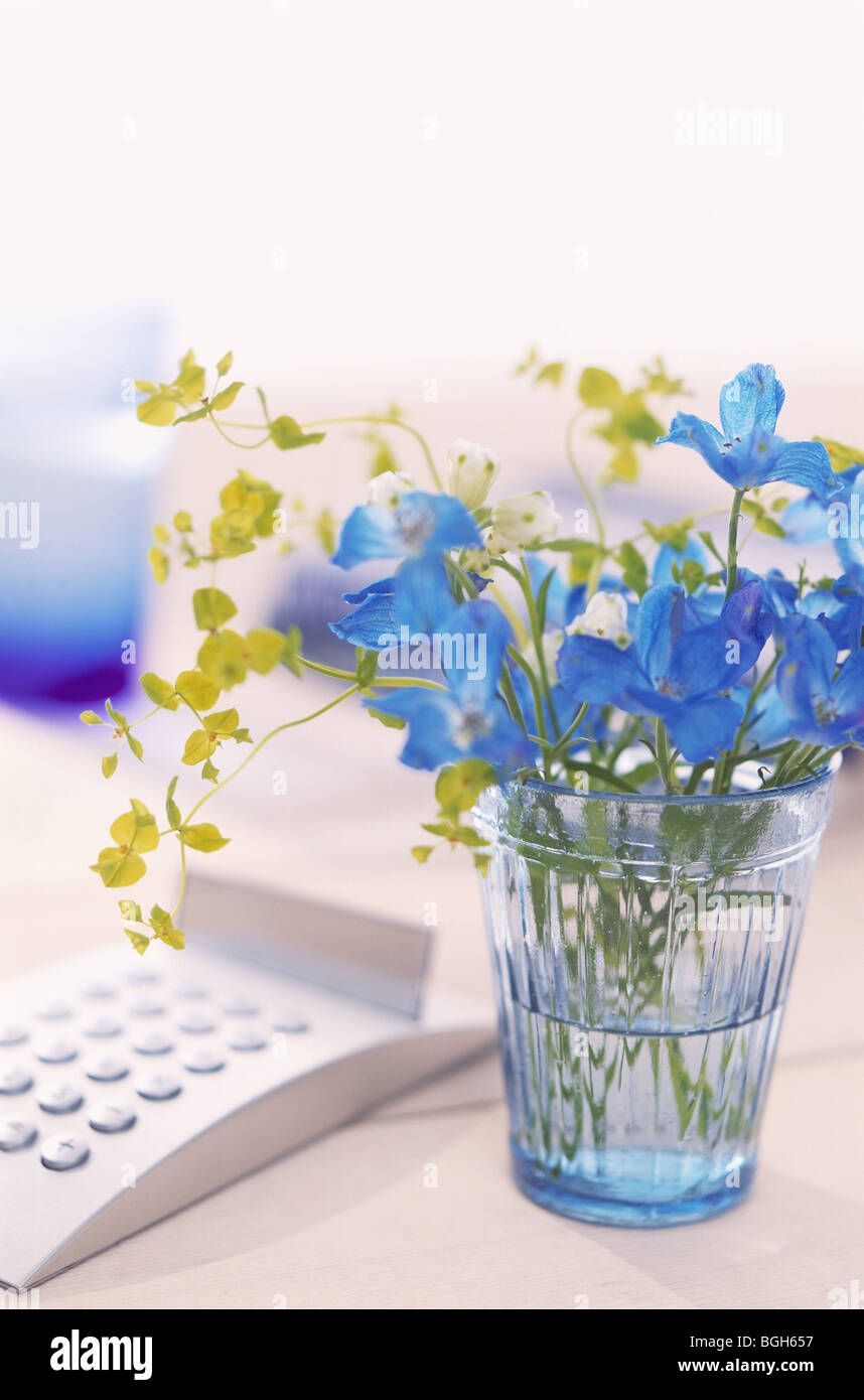 Bicchiere di fiori sulla scrivania con una calcolatrice Foto Stock